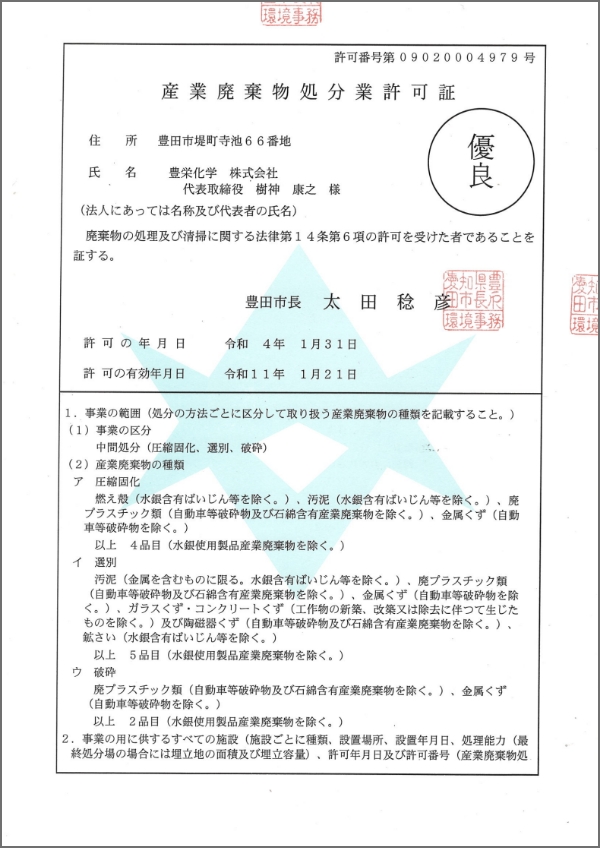 豊田市 産廃処分許可証 (2029.1.21まで有効)
